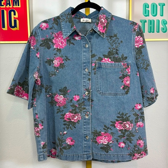 Bibi Floral Denim Bottom Down Shirt - Picture 5 of 5